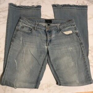 Celebrity pink distressed light wash denim lo rise flare jeans size 28